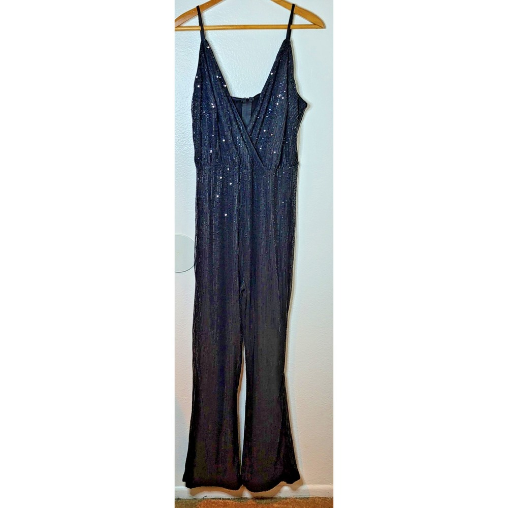 Sequin One-Piece Jumpsuit Adjustable-Strap Deep V-Neck Sz XL Disco Date Night